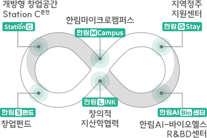 개방형 창업공간 station C 춘천, 한림마이크로캠퍼스, 지역정주 지원센터  한림G Stay, 한림 S 펀드 - 창업펀드, 한림 Link - 창의적 지산학협력, 한림AI Bio 센터 - 한림 AI 바이오헬스 R&BD 센터