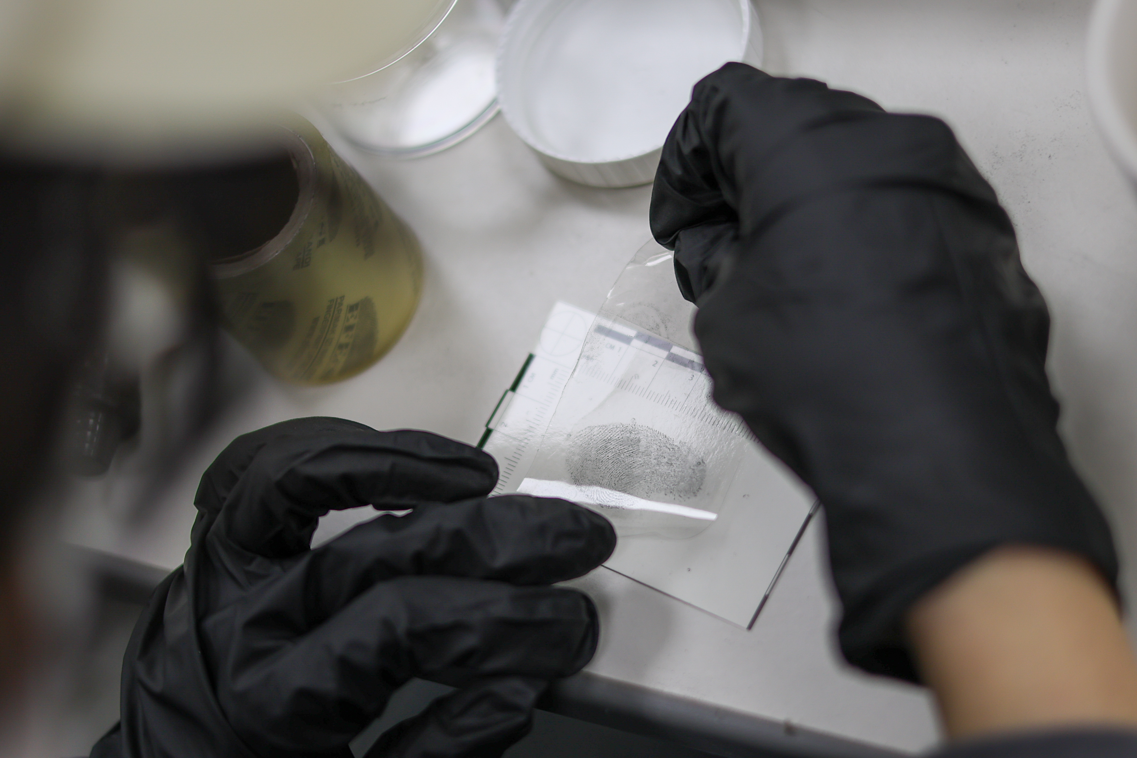 학생이 지문 채취 실험을 하고 있는 사진